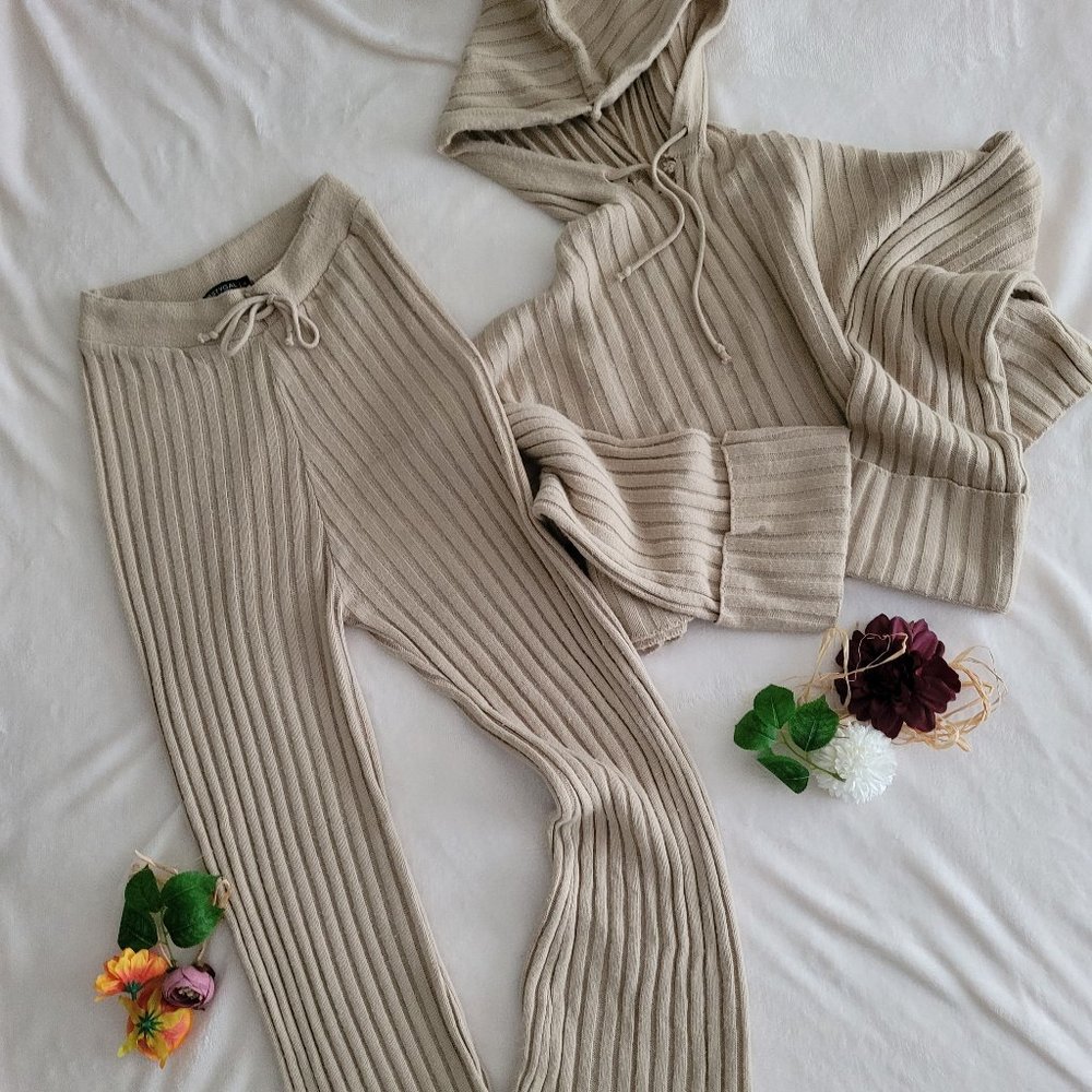 Casual Ribbed Hoodie And Pants Lounge Set